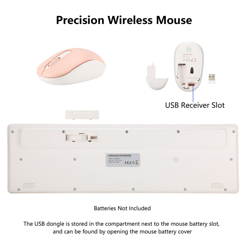Wireless Keyboard and Mouse Combo, 2.4G Silent Cordless Wireless Keyboard Mouse Combo for Windows Chrome Laptop Computer PC Desktop, 106 Keys Full Size with Number Pad, 1600 DPI Optical Mouse (Pink) Pink