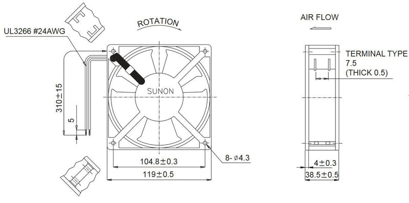 SUNON DP200A-2123XBT-R AC Fan Ball, 220 VAC, 117 CFM, Terminals, UL/CSA/TUV, 120 mm L x 120 mm W x 38 mm H