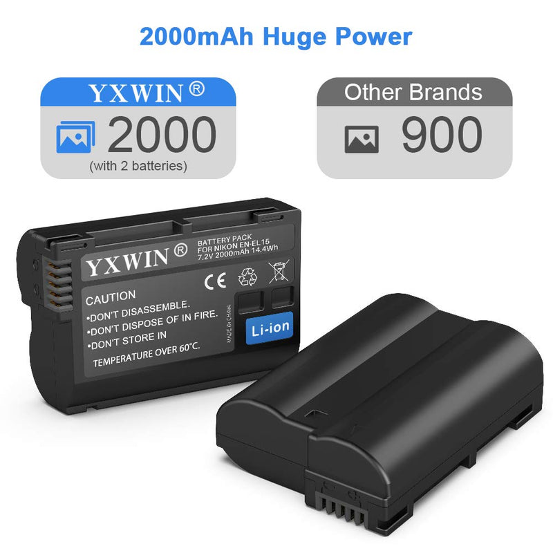 EN-EL15 EN EL15a Camera Battery Charger Set, YXWIN Replacement Batteries Compatible with Nikon d750, d7200, d7500, d850, d7100, d610, d500, MH-25a, d7000, z6, d810 (2-Pack, Micro USB & Type-C Ports)