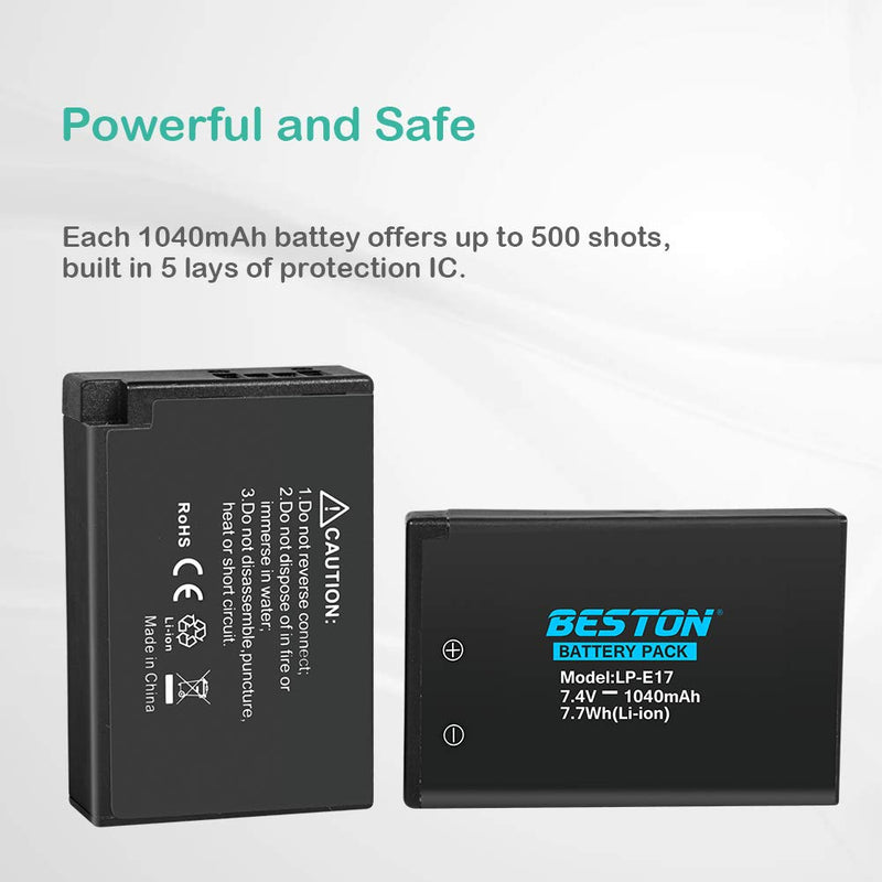 BESTON 2-Pack LP-E17 Battery Packs and USB Fast Charger for Canon Rebel T6i T7i T6s SL2 SL3, EOS RP M3 M5 M6 77D Cameras