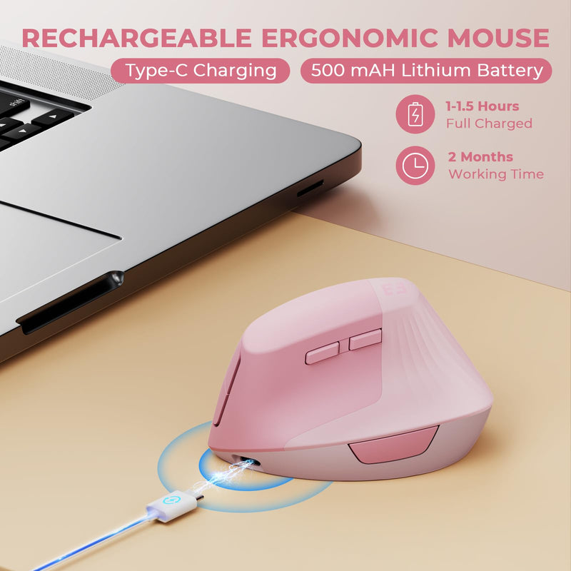seenda Vertical Ergonomic Mouse, Type C Rechargeable Wireless Mouse with USB & Type C 2 in 1 Receiver,Quiet Ergo Mouse for Notebook, Laptop, Desktop, PC, MacBook and All Type C Device - Pink