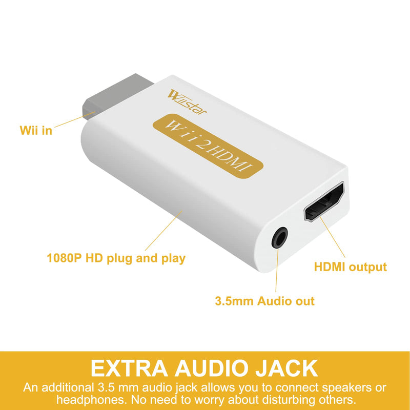 Wii to HDMI Converter Adapter 1080P with 3.5mm Jack Audio Output Supports All Wii Display Modes Compatible with Wii U, HDTV, Monitor