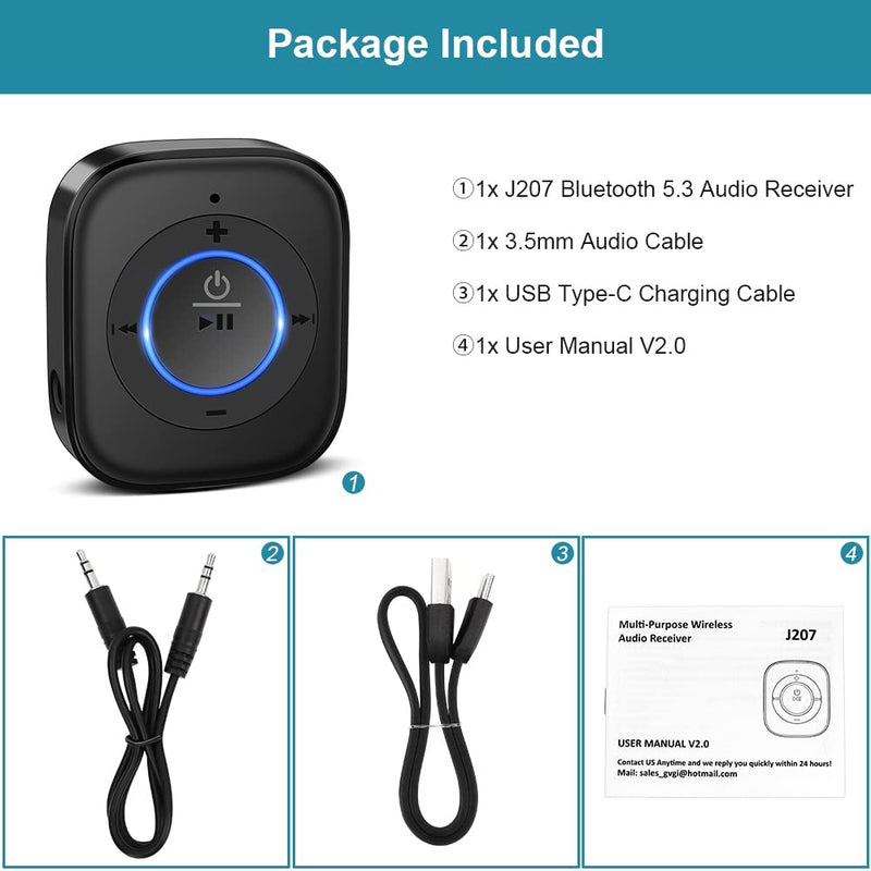 Golvery Bluetooth Receiver for Old Speaker with Latest Bluetooth V5.3, 20-Hour Battery Life, Handsfree Calls, Dual Connection to 2 Cell Phones, Built-in Microphone, for Wired Headphones, Home Stereo Black(J207)