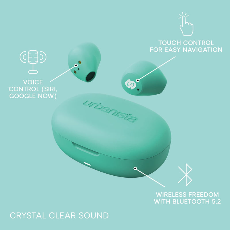 Urbanista Lisbon Wireless Earbuds, Bluetooth 5.2 Enhanced Small Headphones, Touch Controls, 27 Hr Playtime, USB C Fast Charging Case, IPX Sweatproof Headphones for Running, Sports, Mint Green