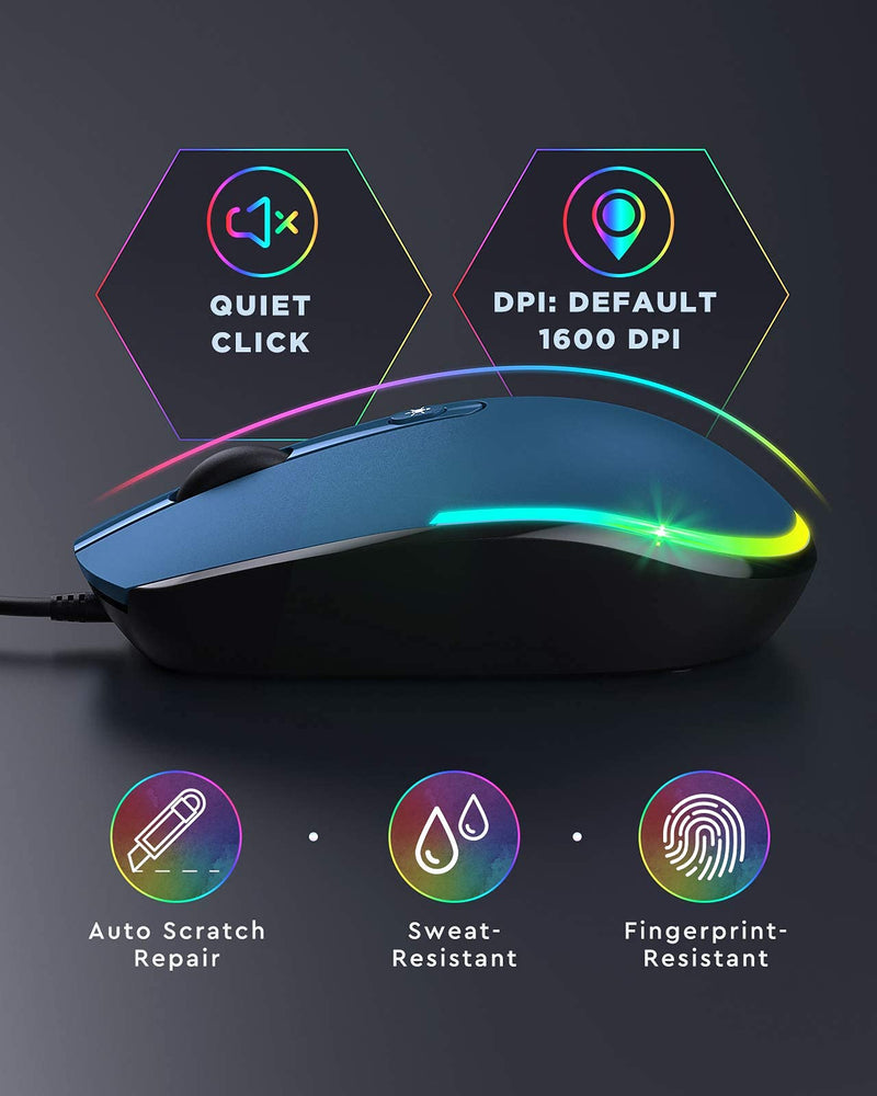 seenda Wired Mouse - USB Computer Mouse Wired with RGB Backlit Optical LED Mouse with Attached USB Cord for Laptops Notebooks Chromebook - Blue & Black