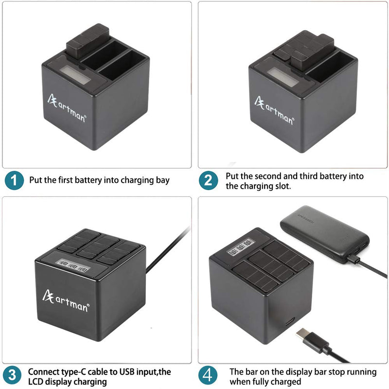 Artman 1500mAh Rechargeable Battery (3-Pack) and 3-Channel USB Battery Charger Compatible with Hero 8 Black, Hero 7 Black, Hero 6 Black