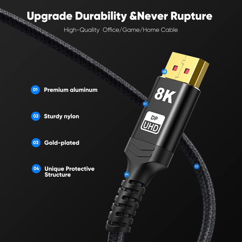 VESA Certified 1.4 DisplayPort Cable 6FT, Capshi 8K DP Cable (8K@60Hz, 4K@144Hz, 1080P@240Hz) HBR3 Support 32.4Gbps, HDCP 2.2, HDR10 FreeSync G-Sync for Gaming Monitor 3090 Graphics PC 6.6 feet