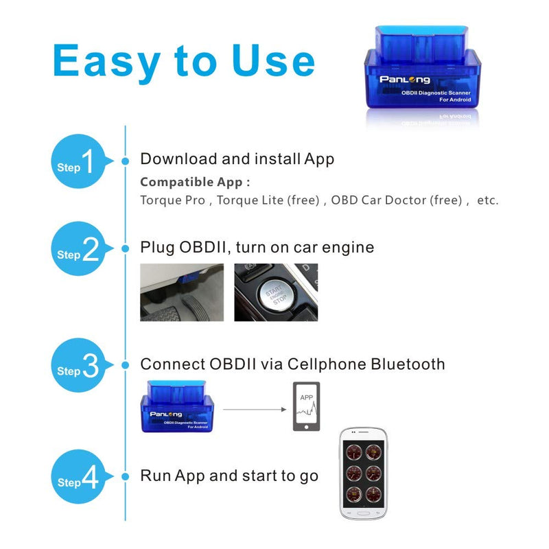 Panlong Bluetooth OBD2 OBDII Car Diagnostic Scanner Check Engine Light for Android - Compatible with Torque Pro