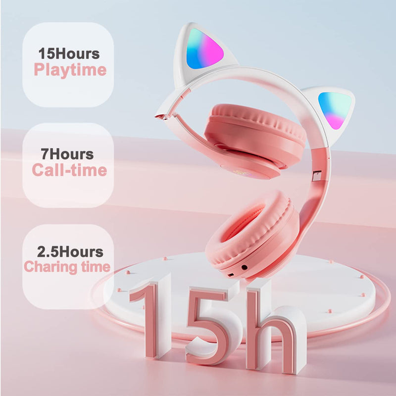 TOKANI Kids Headphones, Bluetooth Wireless Headphones for Kids Teens Adults, Over-Ear Bluetooth Headphones with Microphone, Cat Ear Headphones for Girls Women (New Pink) New Pink