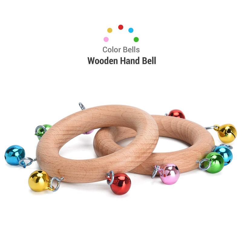 Facmogu 2PCS Music Handbells, Colorful Wooden Handle Bells with 5 Small Jingle Bells, Percussion Instrument for Classroom Music Class, Caroling, Band Performances, Christmas Small(With 5 Colors Small Bells)