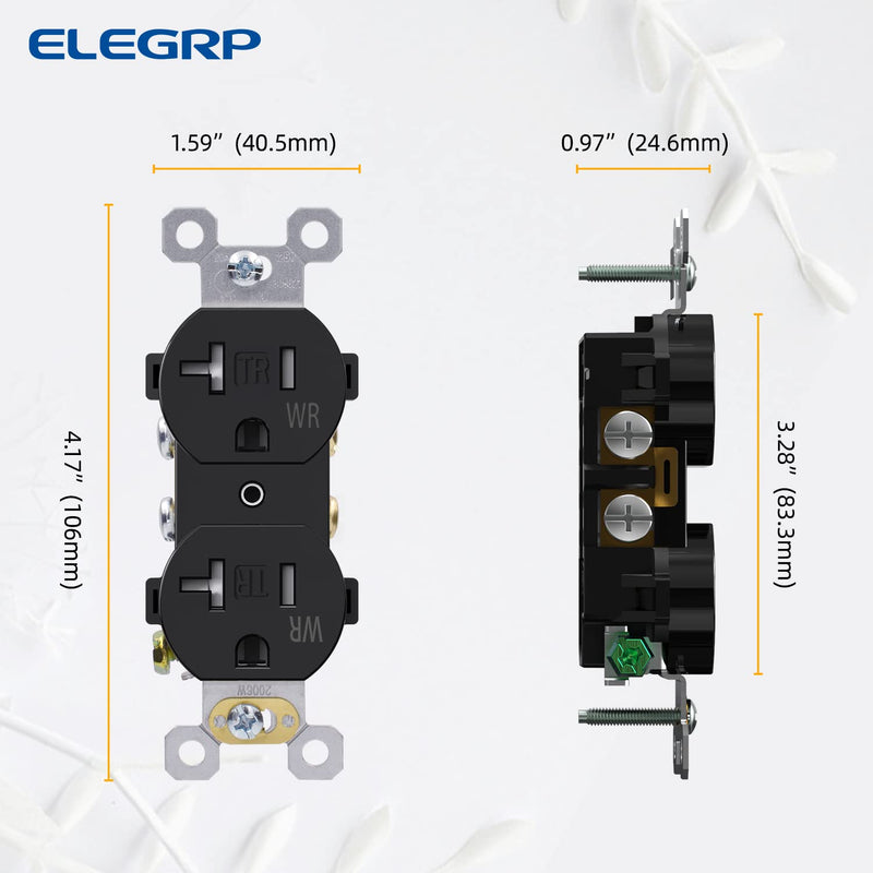 ELEGRP 20 Amp 125V Duplex Receptacle, Standard Electrical Wall Outlet, TR Tamper Resistant and WR Weather Resistant, 2 Pole 3 Wire, Self-Grounding, Residential Grade, UL Listed, Glossy Black, 10 Pack Tamper/Weather Resistant
