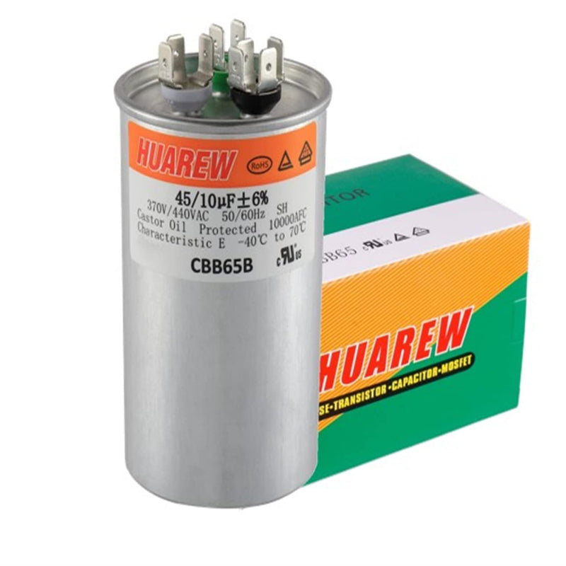 HUAREW 45+10 uF ±6% 45/10 MFD 370/440 VAC CBB65 Dual Run Start Round Capacitor for Condenser Straight Cool or Heat Pump Air Conditioner or AC Motor and Fan Starting