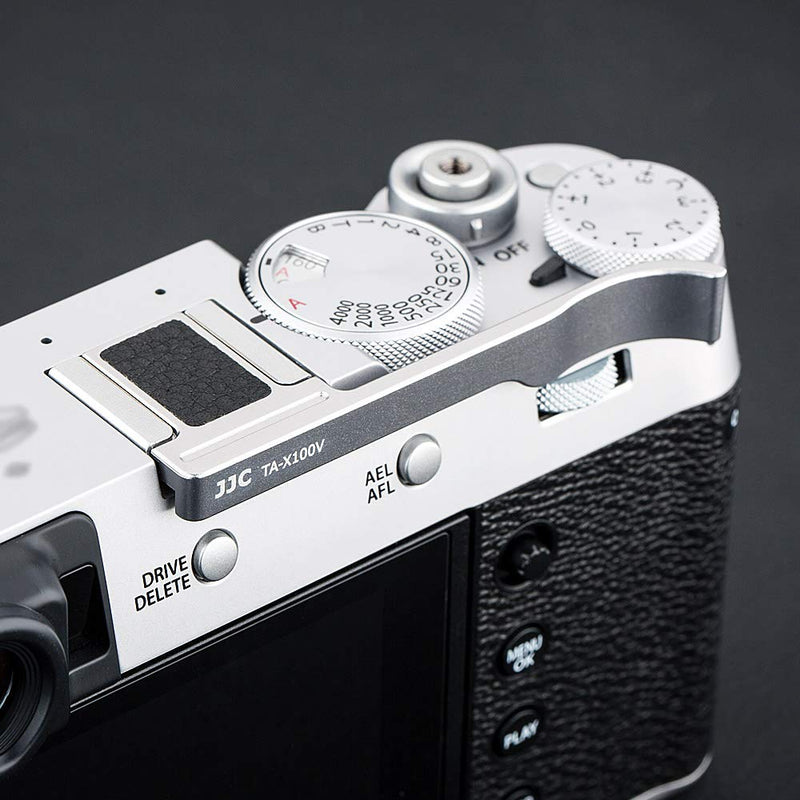 JJC Metal Thumbs Up Grip for Fuji Fujifilm X-E4 XE4 X-E3 XE3 X100V X100F with Hot Shoe Cover Protector Not Interfere with Controls of Camera -Silver SILVER