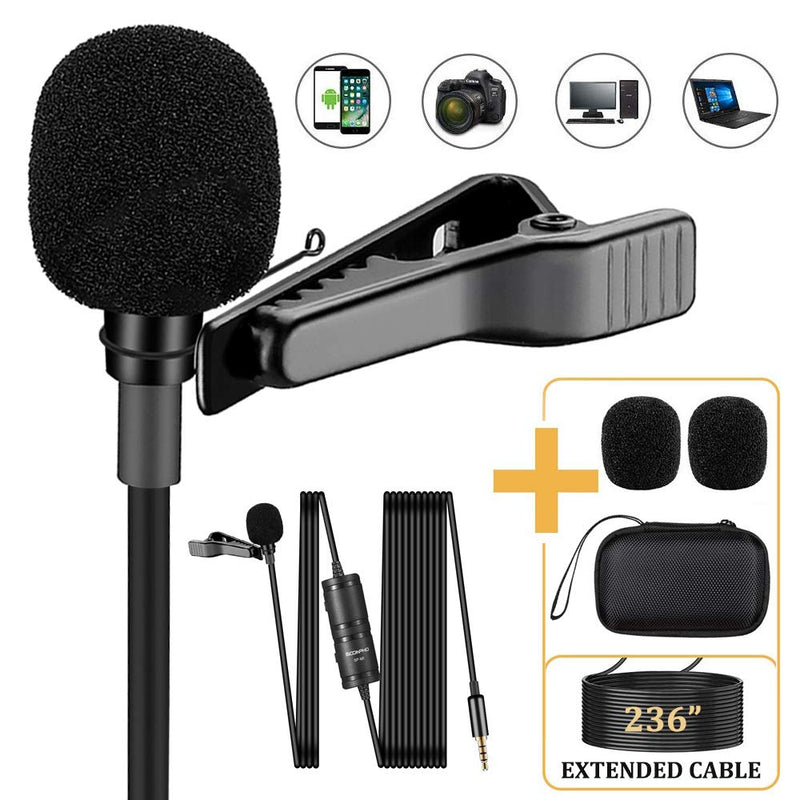 [AUSTRALIA] - Soonpho Professional Lavalier Lapel Microphone,3.5mm Omnidirectional Condenser Mic Easy Clip On Microphone with Windscreen for iPhone,Camera,DSLR,Recording YouTube,Video Conference,Podcast,Interview 