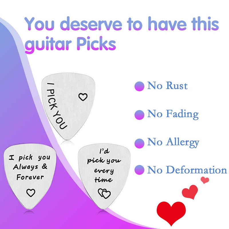 3Pcs Guitar Picks,I Pick You& I'd Pick You Every Time&I Pick You Always&Forever Guitar Pick Gift for Him Musician Husband Boyfriend Fiance Dad 3 Pack Guitar Picks