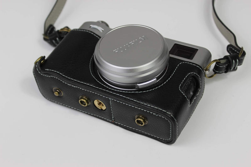 [AUSTRALIA] - X100V Case, BolinUS Real Genuine Handmade Leather Fullbody Camera Case Bag Cover for Fujifilm Fuji X100V Bottom Opening Version + Neck Strap + Mini Storage Bag (Black) Black 