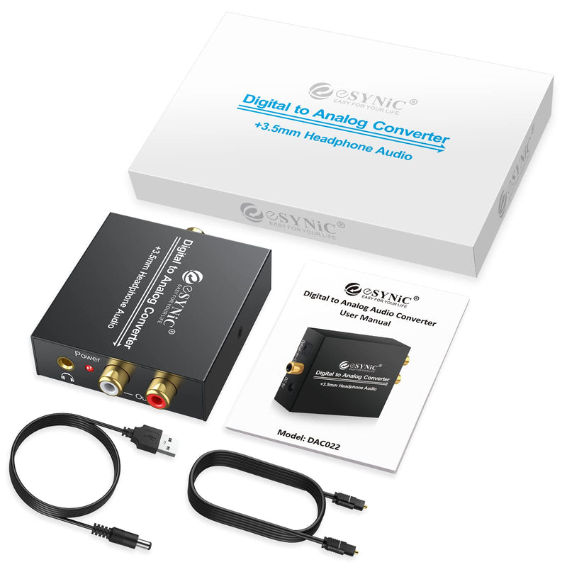 eSynic 192KHz DAC Digital to Analog Audio Converter Digital Optical SPDIF Coaxial to Analog L/R RCA Converter Toslink to 3.5mm Jack Audio Adapter with 1m Optical Cable for HDTV Blu Ray HD DVD TV