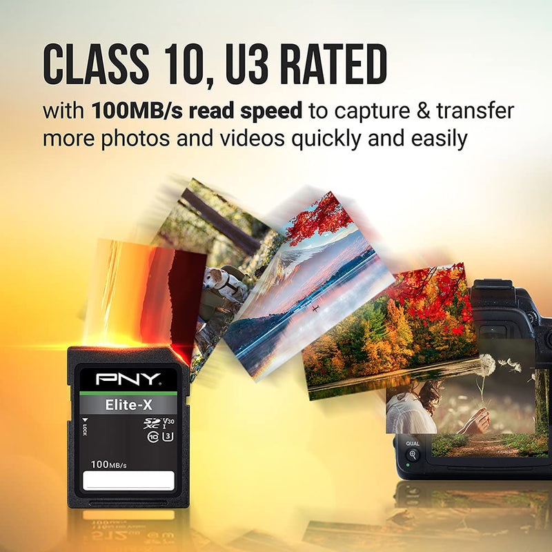 PNY 256GB Elite-X Class 10 U3 V30 SDXC Flash Memory Card - 100MB/s, Class 10, U3, V30, 4K UHD, Full HD, UHS-I, Full Size SD