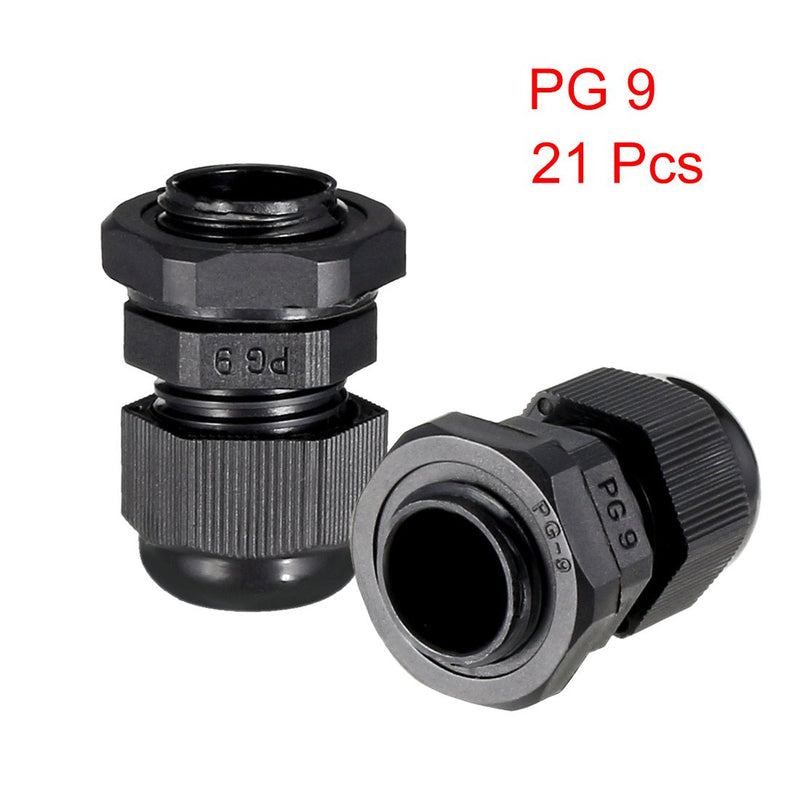 uxcell 21Pcs PG9 Cable Gland Waterproof Connector Plastic Wire Glands Joints Black for 4-8mm Dia Wires