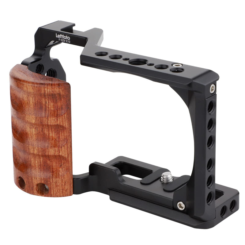 Leftfoto Upgrade Metal Cage with Wood Handle for Sony Alpha ZV-E10 Video Shooting Accessories, Cold Shoe Mic/Light Extension Video Cage Filming Vlog Camera Kit