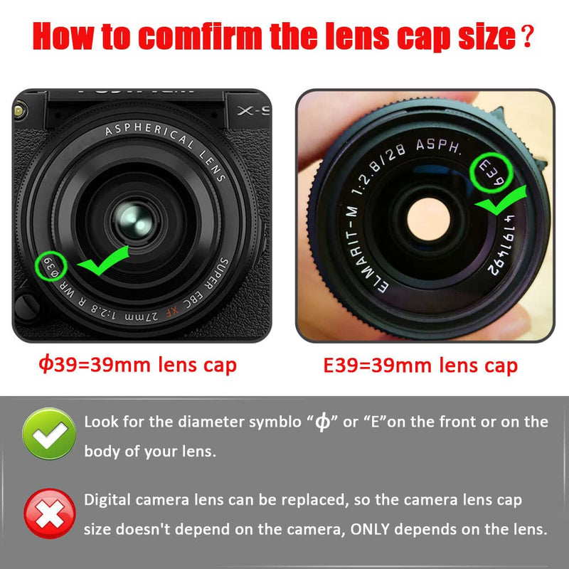39mm Snap-On Lens Cap for Leica Summicron-M 35mm f/2 ASPH, Elmarit-M 28mm f/2.8 ASPH, Fire Rock 39mm Center-Pinched Lens for Fujinon 60mm XF f/2.4 R Macro, XF 27mm f/2.8 R WR Lens-2Packs