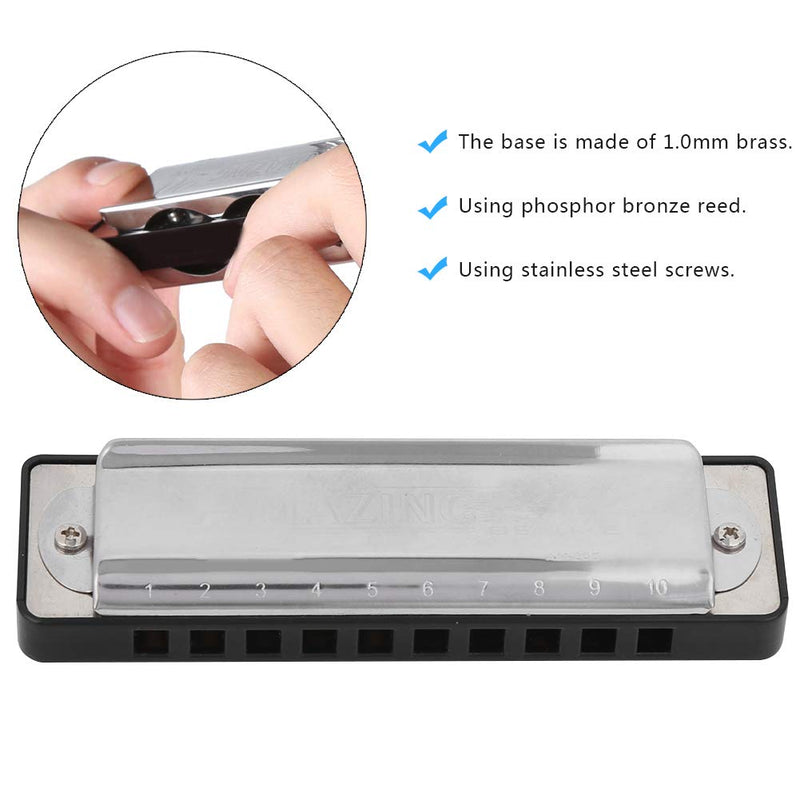 Harmonica Key of Eb 10 Holes Blues Harmonica Mouth Organ with ABS Resin Comb for Professional Performance,Beginner, Students (Black) Black