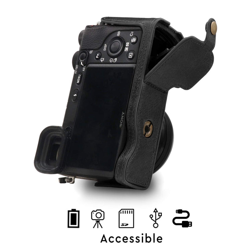 MegaGear Ever Ready Genuine Leather Camera Half Case Compatible with Sony Alpha A6100, A6400 Black