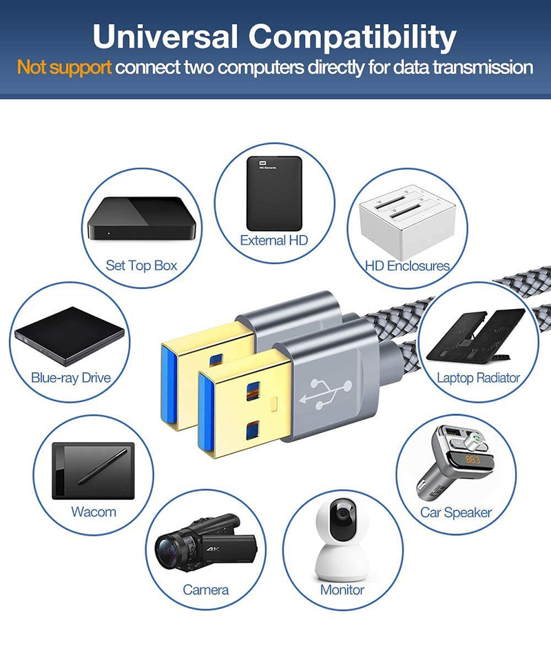 USB 3.0 A to A Male Cable, JSAUX USB to USB Cable 2 Pack(3.3ft+6.6ft) USB Male to Male Cable Double End USB Cord with Gold-Plated Connector for Hard Drive Enclosures, DVD Player, Laptop Cooler (Grey) 2 pack-3.3ft&6.6ft Grey