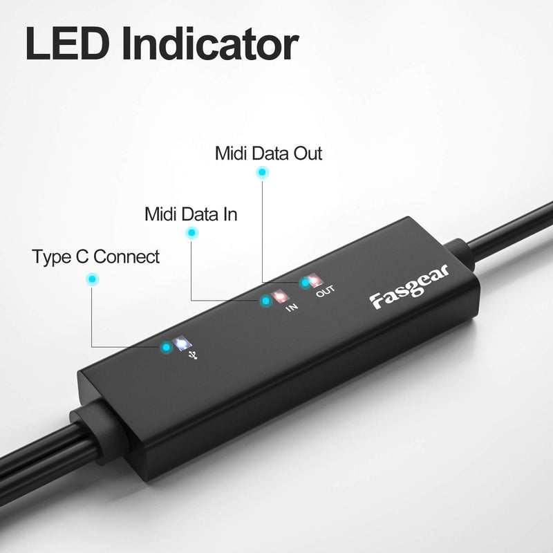 USB C MIDI Cable with Type C to USB Adapter, Fasgear 6ft Type C to In-Out MIDI Cable for Music Keyboard Piano to PC Laptop, MIDI to USB C Interface Converter for Windows, Android, Mac OS