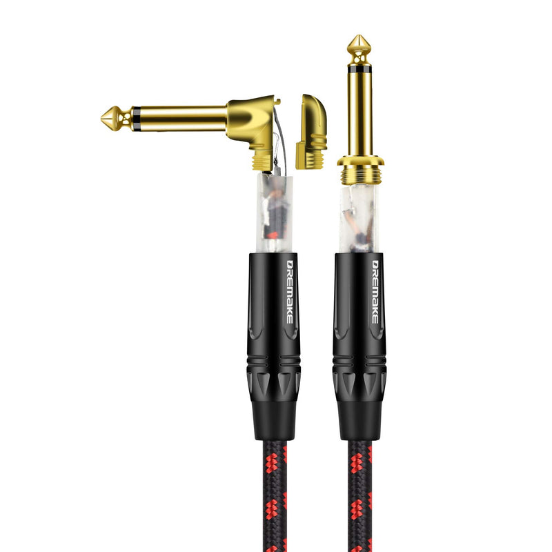 [AUSTRALIA] - Dremake 3 Foot Professional Instrument Cable, Guitar Cable for Speaker Bass Keyboard 1/4" (6.3mm) Straight to Right Angle Inch Cable Black/Red Tweed 3FT/1M 