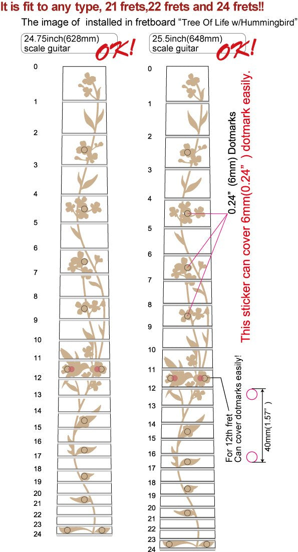 Inlay Sticker Fret Markers for Guitars - Tree Of Life w/Hummingbird, FT-055TL-HM Guitar