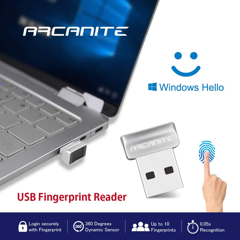 ARCANITE USB Fingerprint Reader for Windows 10 Hello, 0.05s 360-Degree Sensor Security Device, AKFSD-07 Digital Reader