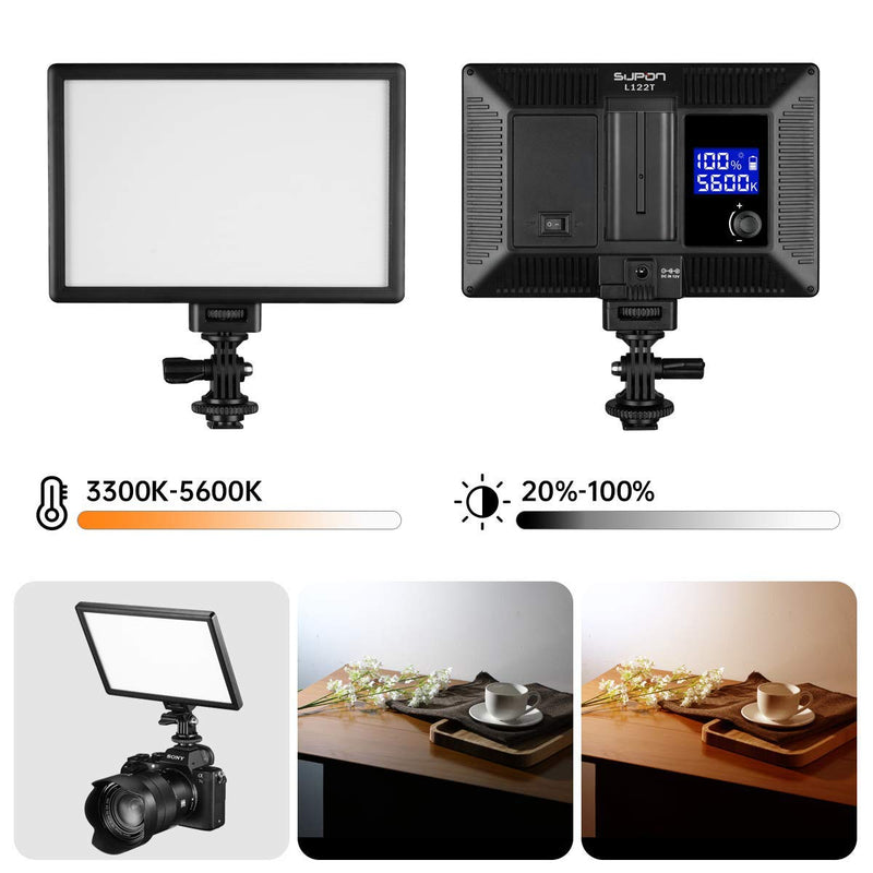 SUPON L122T Ultra-Thin LED Video Light Panel with LCD Display, Dimmable Bi-Color 3300K-5600K, CRI95+ Softer Lighting for YouTube, Studio, Outdoor Shooting, Portraits, Wedding with AC Adapter & Battery