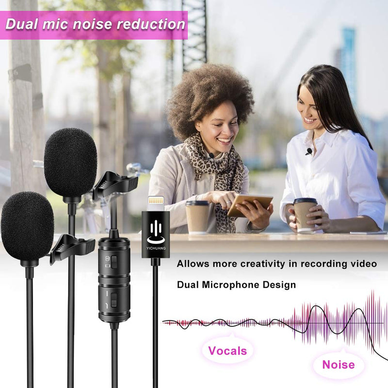 [AUSTRALIA] - Lavalier Microphone,YICHUANG VM-60 Dual Clip-on Handsfree Omnidirectional Condenser Interview Lapel Mic,Lightning Connector for iPhone X Xr Xs Max 11 Pro 8 8plus 7 7plus 6 6plus,iPad (3.5M) Lightning connector 