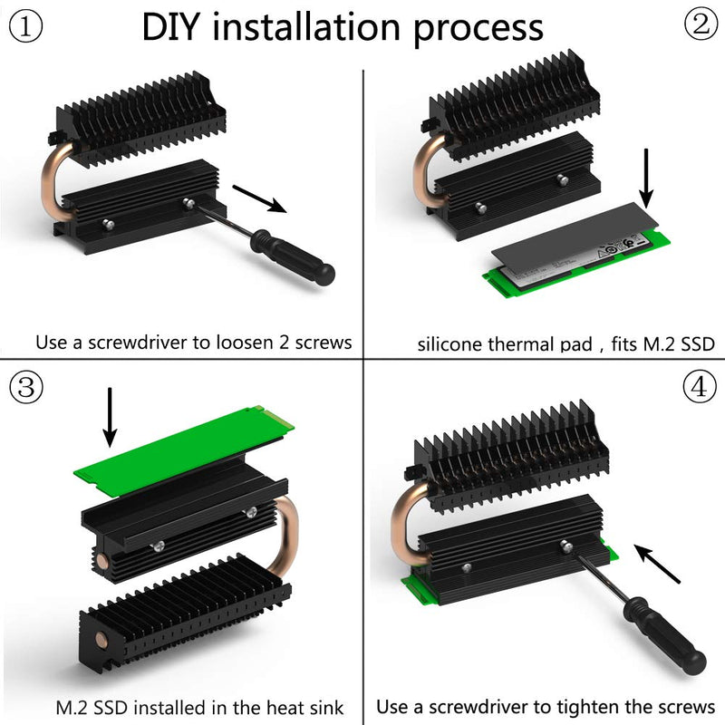 XINSHIS - M.2 Heatsink NVMe NGFF SATA M.2 SSD Heatsink Thermal Module, Compatible for PCIE NVME M.2 2280 SSD Radiator and SATA M.2 2280 SSD Heatsink, with Heat Pipe and Silicon Thermal pad