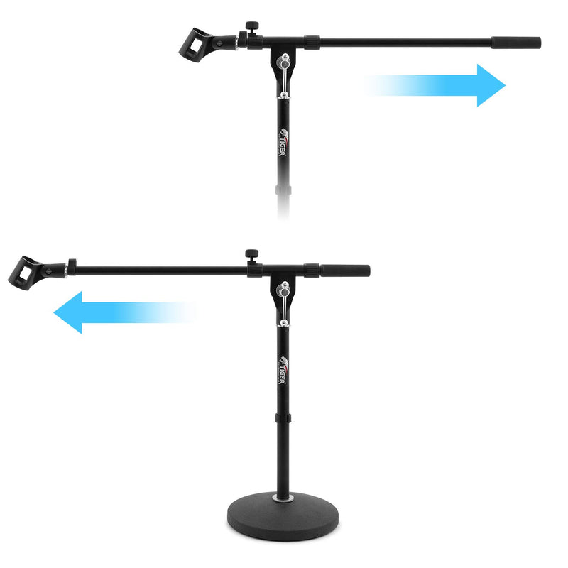 Tiger MCA42-BK Desktop Boom Microphone Stand - Weighted Round Base Black & Tiger MCA84-BK Universal Rubber Grip Microphone Clip + Clip