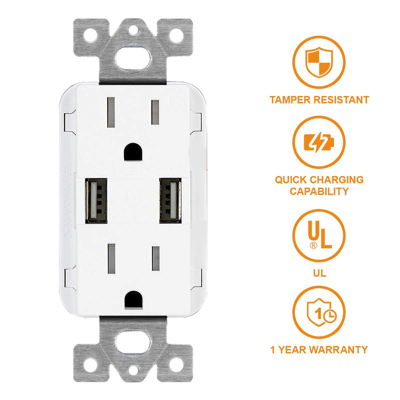 Micmi Outlet with USB Charger Wall Dual High Speed Receptacle 15-Amp, Smart 3.1A Quick Charging Capability, Tamper Resistant Wall plate Included UL Listed 2021 Upgrade White (USB outlet 1pack)
