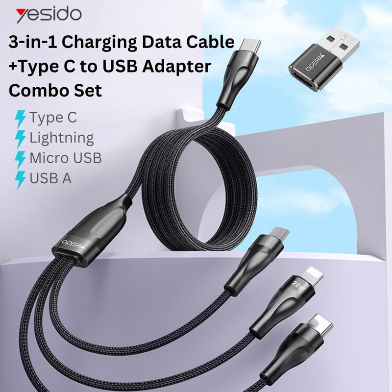 3-in-One Type C, Lightning, Micro USB Fast Charging Cable with Type C to USB OTG Adapter Combo Set for Mobile Phones, Computers, Apple, Samsung, Google, Android, Smart Phones Nylon Braid Data Sync