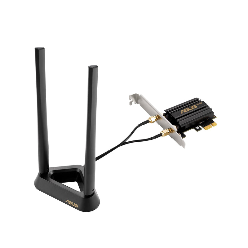 ASUS PCE-AXE59BT WiFi6 6E AX5400 PCI-E Adapter with 2 External Antennas and magnetized Base. Supporting 6GHz Band, 160MHz, Bluetooth 5.2, WPA3 Network Security, OFDMA and MU-MIMO AXE5400 | WiFi 6E | Heatsink