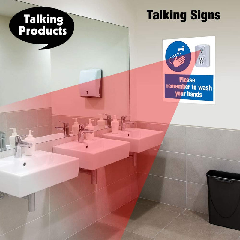 Talking Products, PIR Motion Sensor Talking Sign with 6 Pre-Recorded Audible Voice Messages and Reminders. Create Your own Talking Posters and Audio Signs.