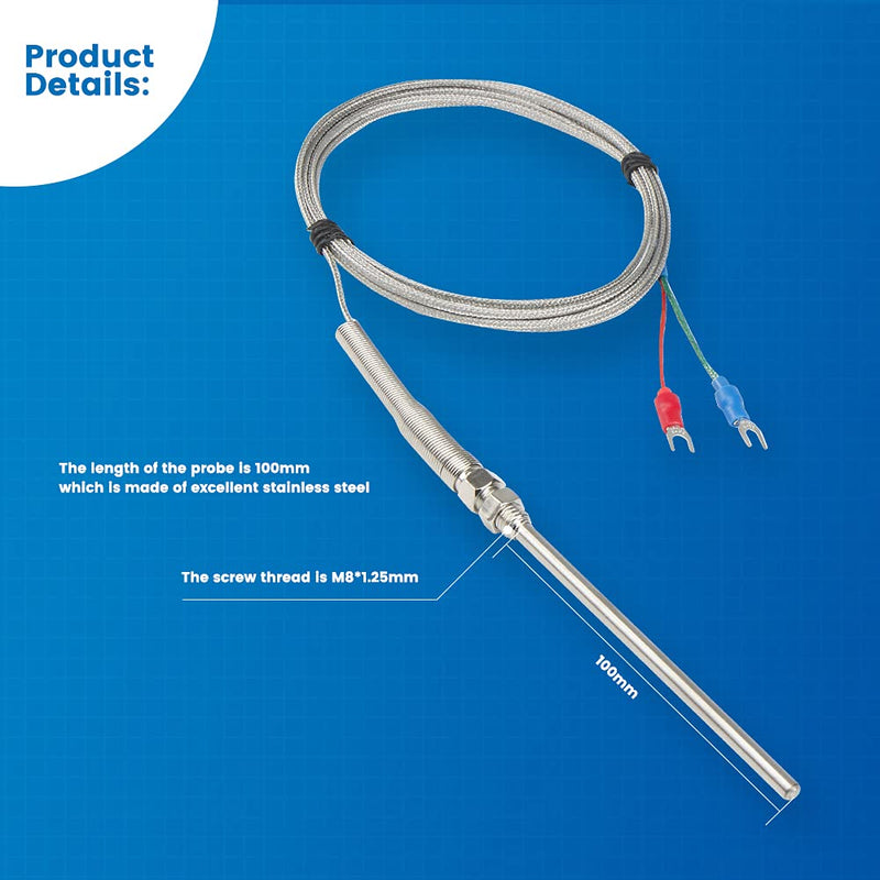CGELE K-Type Thermocouple Temperature Sensors 0~600℃，3M/9.8Ft Wire Probe Length 100mm Two Wire 100×5mm Stainless Steel Probe Temperature Detector Temperature Gauge Probe Length 100mm(3M)