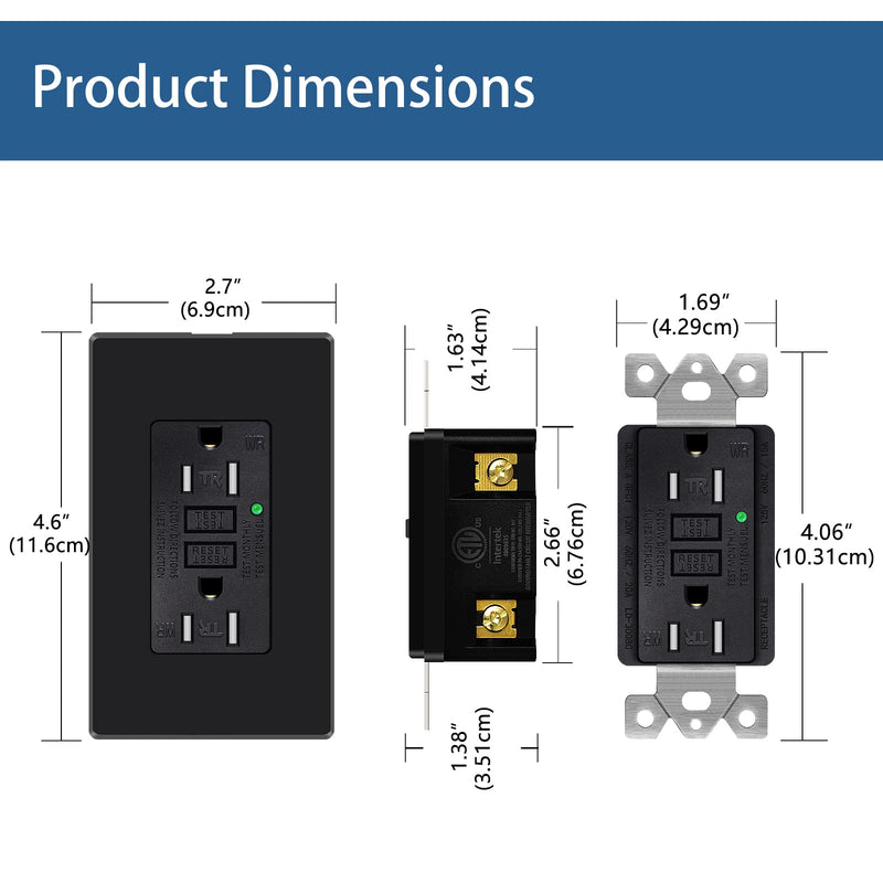 NineLeaf 2 Pack 15Amp GFCI Outlet Receptacles, Tamper-Resistant (TR) Weather-Resistant (WR) with LED Indicator,Decorative Wall Plates and Screws Included, ETL Certified, Black 15A