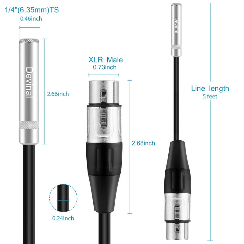 Devinal XLR Female to 1/4" Female calbe, 3 Pin Female to 6.35mm Socket Audio Cord, XLR Jack to TS/TRS Quarter inch Adapter Connector Converter Metal Construction 5FT 1.5 Meters 1/4 to XLR Female Cable 5 FT