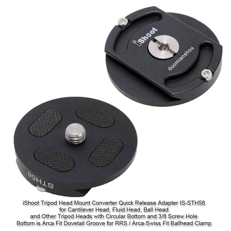 iShoot Metal Quick Release Adapter Tripod Head Mount Converter for Cantilever Head, Fluid Head, Ball Head, Tripod Head with Circular Bottom & 3/8" Screw Hole, Bottom is Arca Type Quick Release Plate