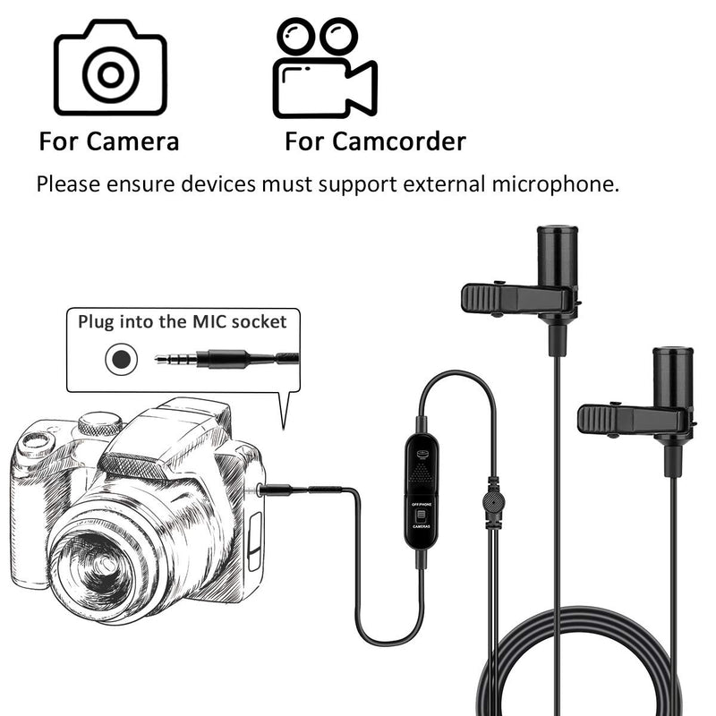 Dual Lavalier Microphone, KIMAFUN 2 Lapel Clip-on Omnidirectional Condenser Mics Set for Dual Interview, Recording, Vlog, Youtube, Smartphone, Camera, Tablets, Laptop, Android, iPhone, 4020-Dual