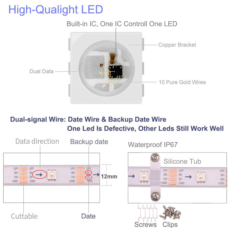 [AUSTRALIA] - VISDOLL 12V WS2812B Individually Addressable Dream Color LED Strip Light 5050 RGB 16.4ft Dual Signal Wires Programmable LED Pixels Flexible Light Tape WS2815 (150leds White PCB, Tub Waterproof) 150leds White Pcb 