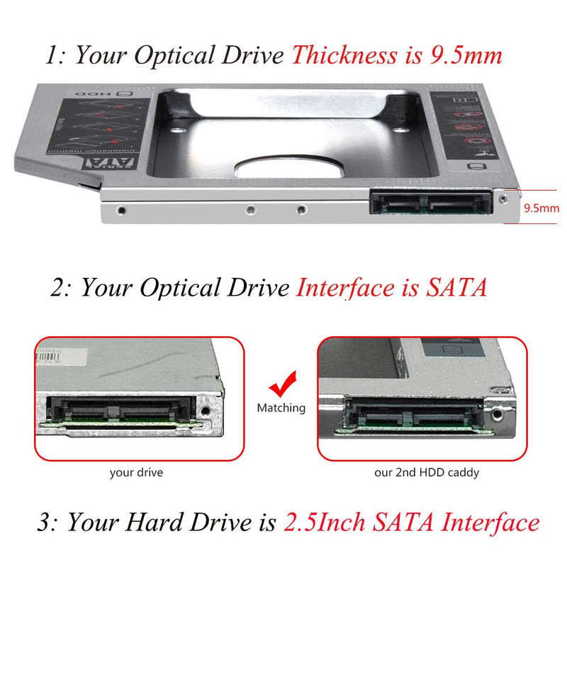 Universal 9.5mm SATA to SATA 2nd SSD HDD Hard Drive Caddy Case Adapter Tray Enclosure for Laptop CD/DVD-ROM Optical Bay