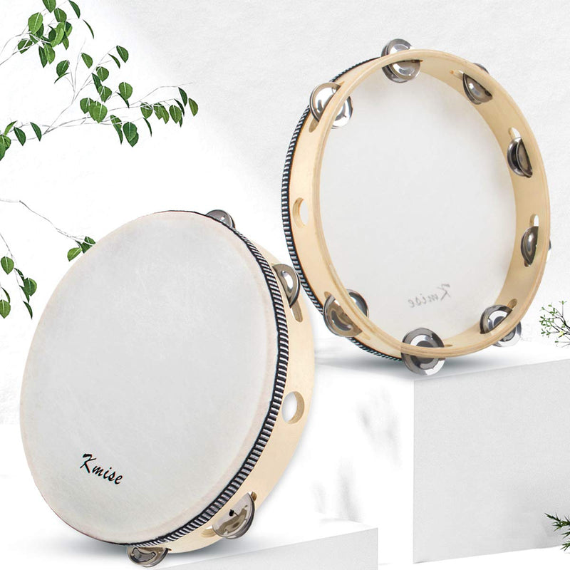 Kmise Wood Handheld Tambourine 10" Inch Single Row 8 Pair Bell Birch Metal Jingles Hand Held Percussion Drum for Kids Adults Classroom Church KTV Party Gift