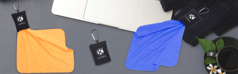 Camkix Cleaning Cloth with Open Bottom Pouch and Carabiner - 4 Pack - Pull Out Microfiber Cloth (7.9" x 7.9") - for Delicate Surfaces and Sensitive Optics - Glasses, Camera Lenses, Gadget Screens