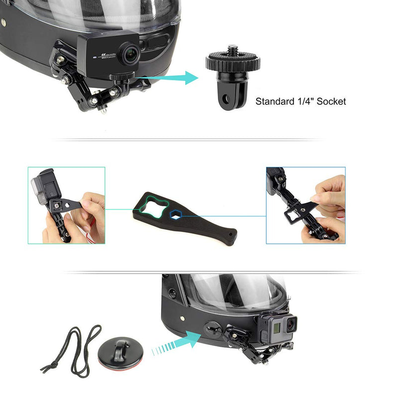 SOONSUN Motorcycle Helmet Chin Mount Kits for GoPro Hero 10 9 8 7 6 5 4 Hero Session, AKASO, SJCAM, Yi Action Camera – Includes Adhesive Pads Flat Curved J-Hook Mount